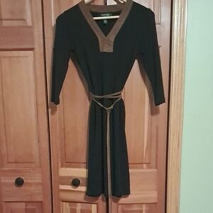 Ralph Lauren Black Midi Dress with Brown Trim and Belt